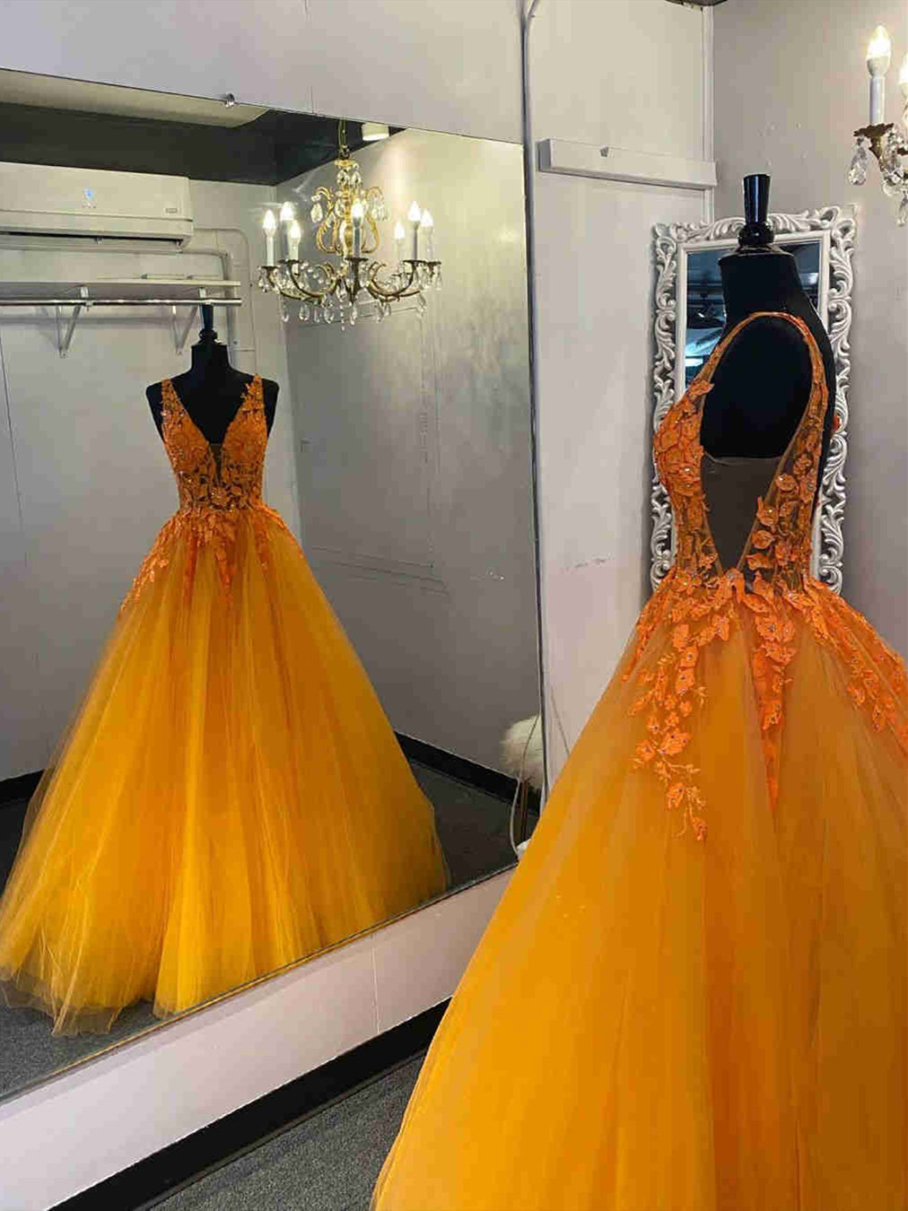 Vestidos formais de baile de finalistas compridos com decote em V, tule, renda e costas descobertas em corte evasê