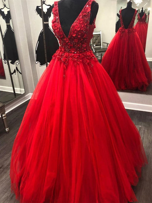 Vestidos de fiesta largos de tul con escote en V y encaje en línea A, vestidos de noche formales con espalda abierta en rojo