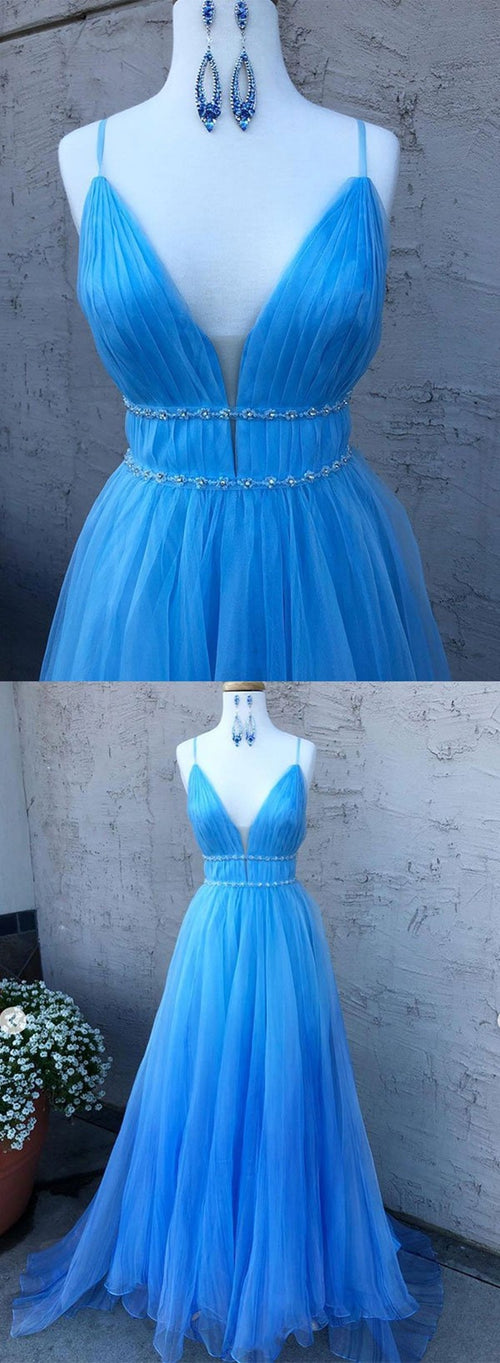Abito lungo da sera blu in tulle con scollo a V a linea A e sottile cintura, abito da ballo formale