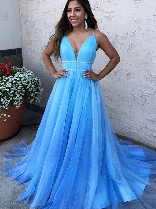 Vestidos de fiesta largos de tul con escote en V y corte A con cinturón fino, vestidos de noche formales azules