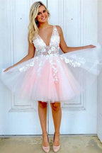 A-line V Neck Tulle Short Pink and White Homecoming Dress Short Prom Dress
