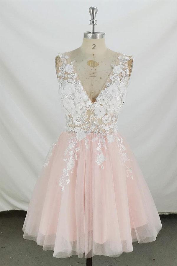 A-line V Neck Tulle Short Pink and White Homecoming Dress Short Prom Dress