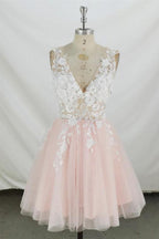 A-line V Neck Tulle Short Pink and White Homecoming Dress Short Prom Dress
