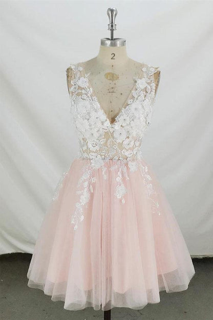 A-line V Neck Tulle Short Pink and White Homecoming Dress Short Prom Dress