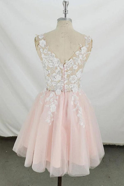 A-line V Neck Tulle Short Pink and White Homecoming Dress Short Prom Dress