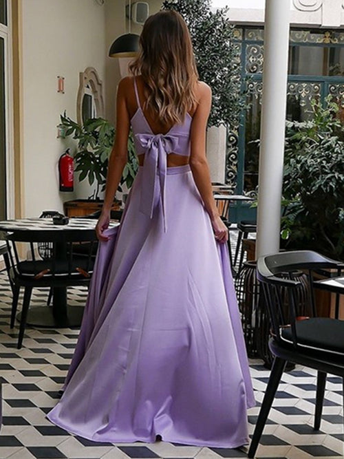 Abito da sera lungo formale a due pezzi con scollo a V e spacco alto, linea a trapezio