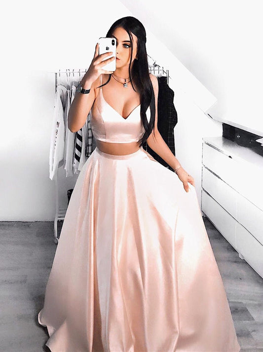 Vestido de fiesta formal de noche de satén de dos piezas con escote en V y corte A