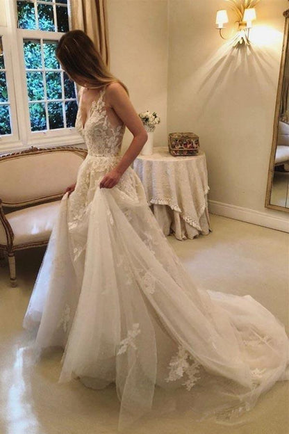 A-line Vintage Rustic Wedding Dresses V Neck Beaded Lace Bridal Gown