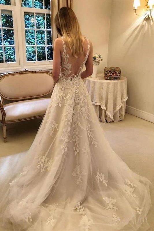A-line Vintage Rustic Wedding Dresses V Neck Beaded Lace Bridal Gown