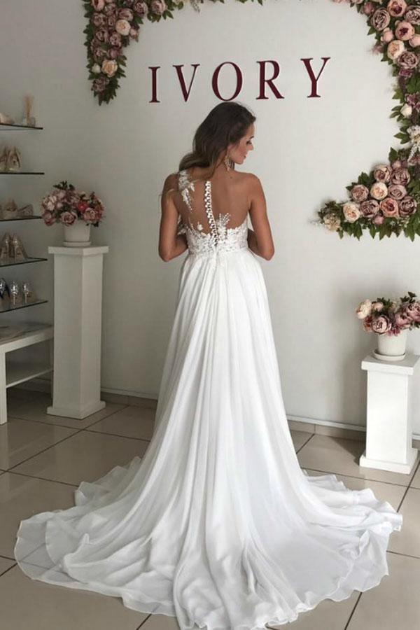 Abito da sposa bohemien a linea A in chiffon bianco con applicazioni trasparenti