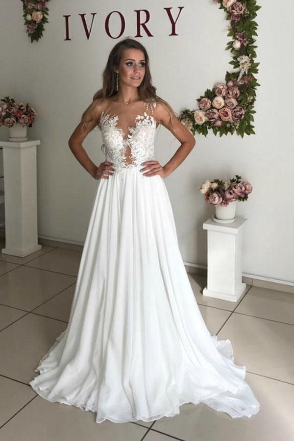 Abito da sposa bohemien a linea A in chiffon bianco con applicazioni trasparenti