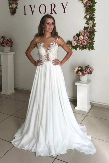 Vestido de novia bohemio de gasa blanca con apliques transparentes y corte en A