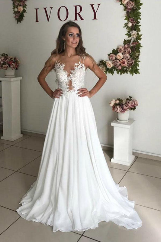 A-Linien-Hochzeitskleid im Boho-Stil mit weißen Chiffon-Applikationen