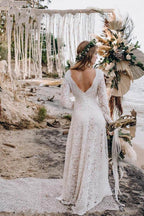Robe de mariée blanche en dentelle, longueur au sol, coupe en A, avec manches longues