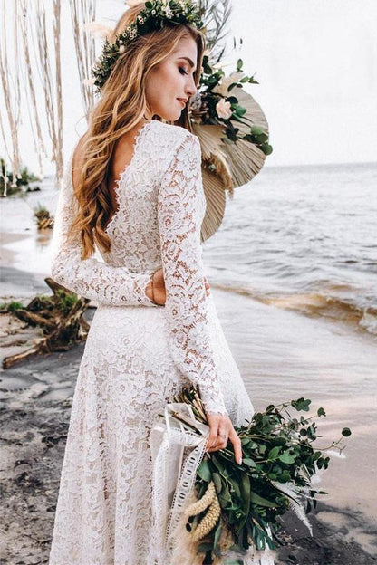 Vestido de novia de encaje blanco, corte A, largo hasta el suelo y mangas largas