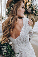 Robe de mariée blanche en dentelle, longueur au sol, coupe en A, avec manches longues