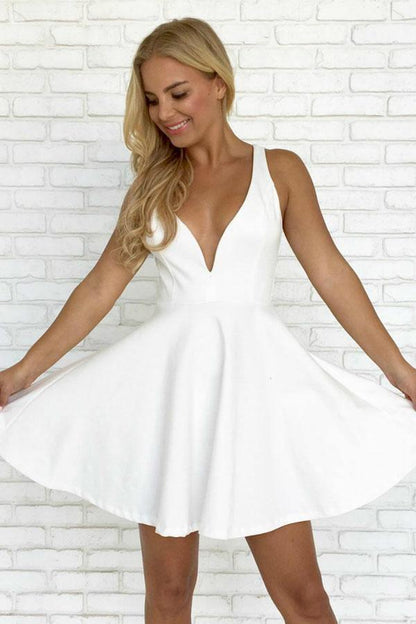 A-Linie Weiß Träger Satin Rückenfrei Kurzes Ballkleid Homecoming Kleid