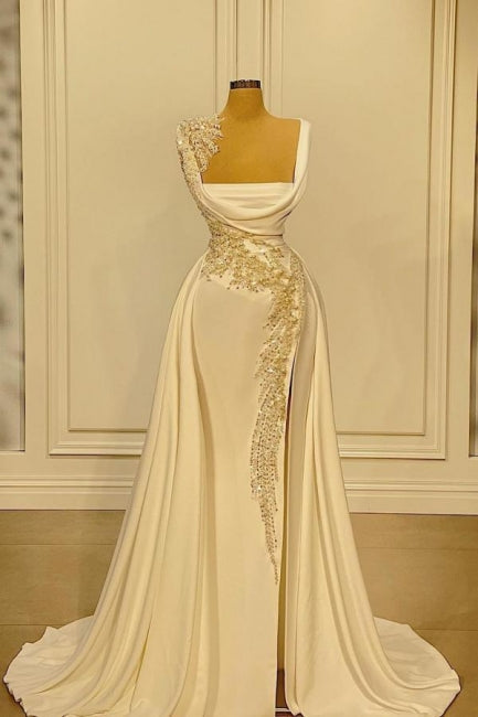 A-Line Wide Straps Square Neckline Beading Prom Dress With Side Slit