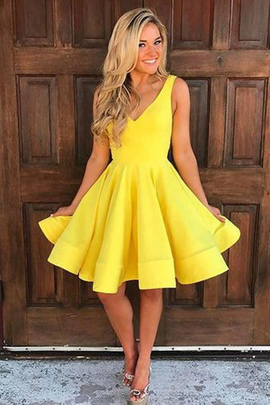A-line Yellow Satin Short Prom Dress Homecoming Dress Short Prom Dresses