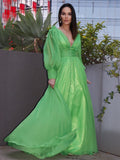 Abito da cerimonia a linea A/elegante con volant 3D in chiffon, scollo a V, maniche lunghe