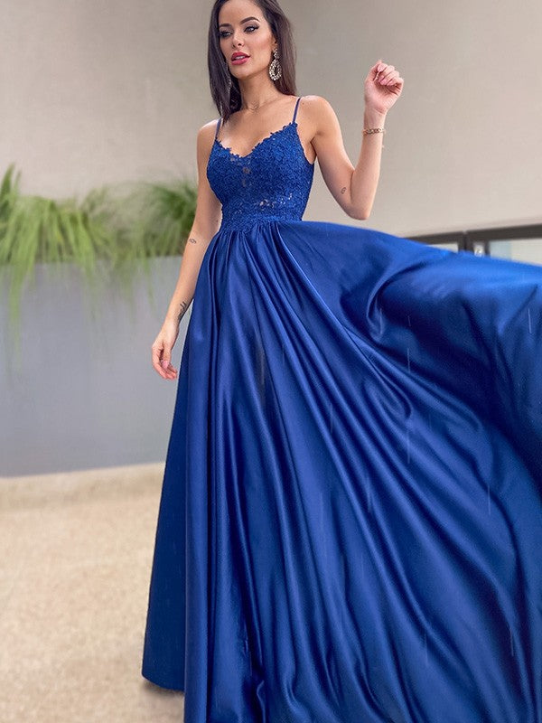 Robes de bal longues au sol en satin, sans manches, à fines bretelles spaghetti, coupe droite/élégante