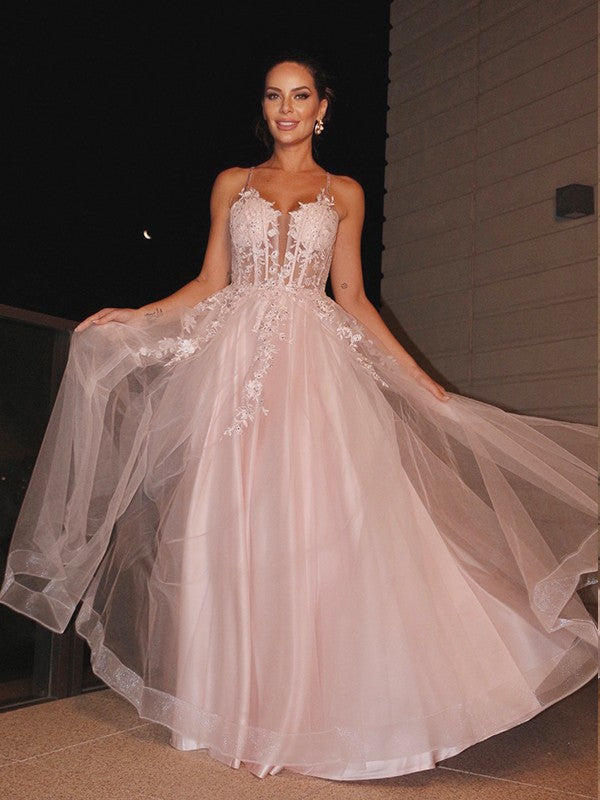 Abito da cerimonia lungo in tulle senza maniche con spalline sottili e applicazioni eleganti a linea ad A