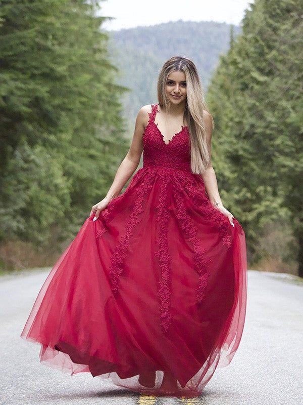 Robes de bal longues au sol, sans manches, en tulle, à encolure en V, élégantes, coupe en A