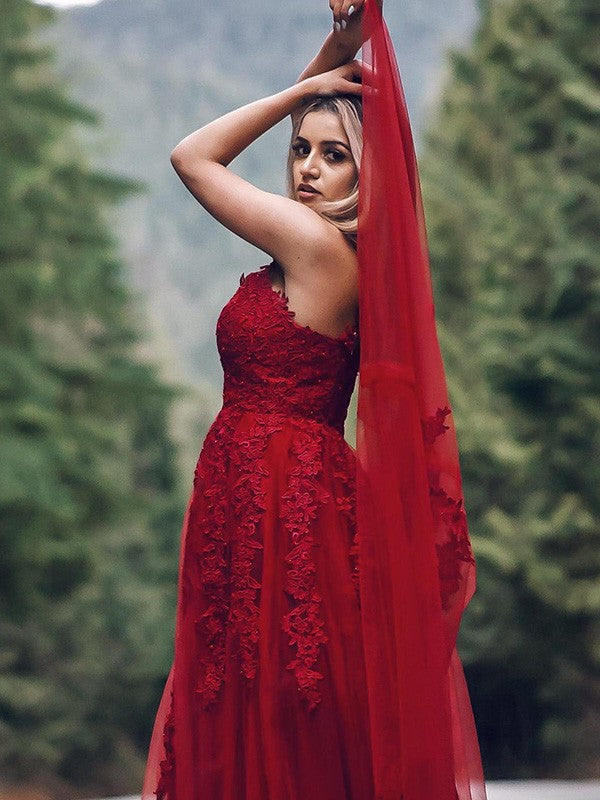 Robes de bal longues au sol, sans manches, en tulle, à encolure en V, élégantes, coupe en A