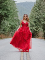 Robes de bal longues au sol, sans manches, en tulle, à encolure en V, élégantes, coupe en A
