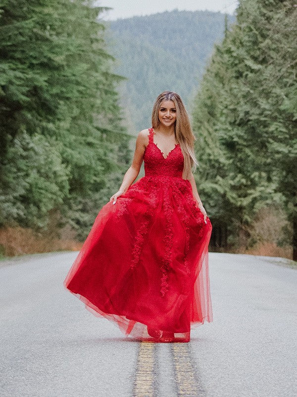 Robes de bal longues au sol, sans manches, en tulle, à encolure en V, élégantes, coupe en A