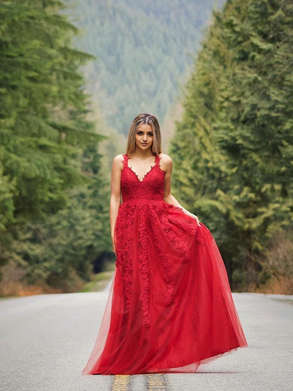 Robes de bal longues au sol, sans manches, en tulle, à encolure en V, élégantes, coupe en A