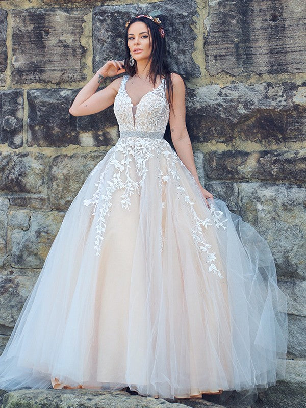 Abito da sera a linea ad A con applicazioni eleganti, tulle, senza maniche e scollo a V
