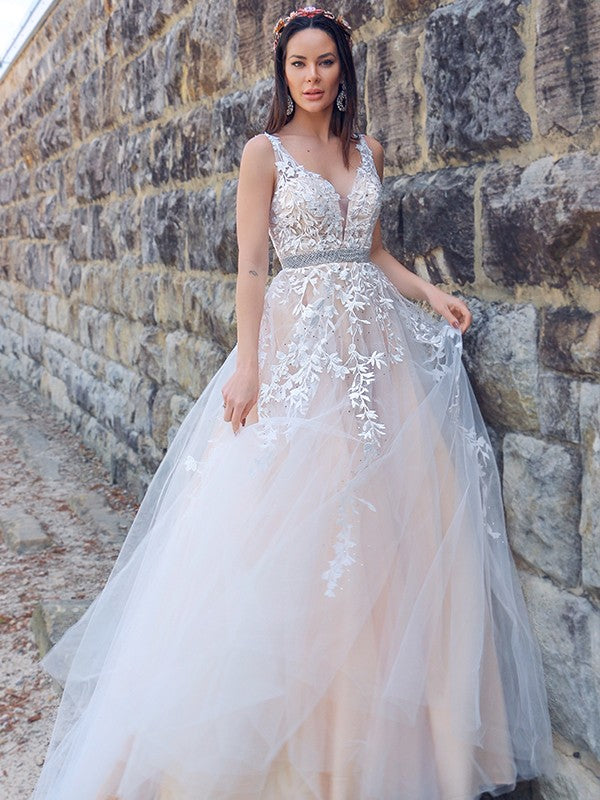 Abito da sera a linea ad A con applicazioni eleganti, tulle, senza maniche e scollo a V