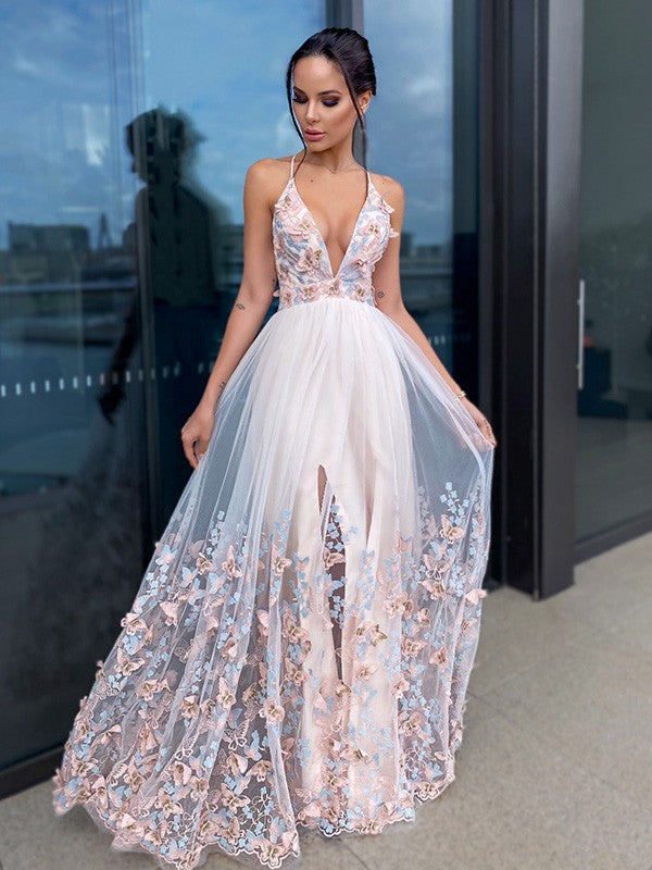 Robes de bal longues au sol en tulle, sans manches, col en V, coupe droite/élégante