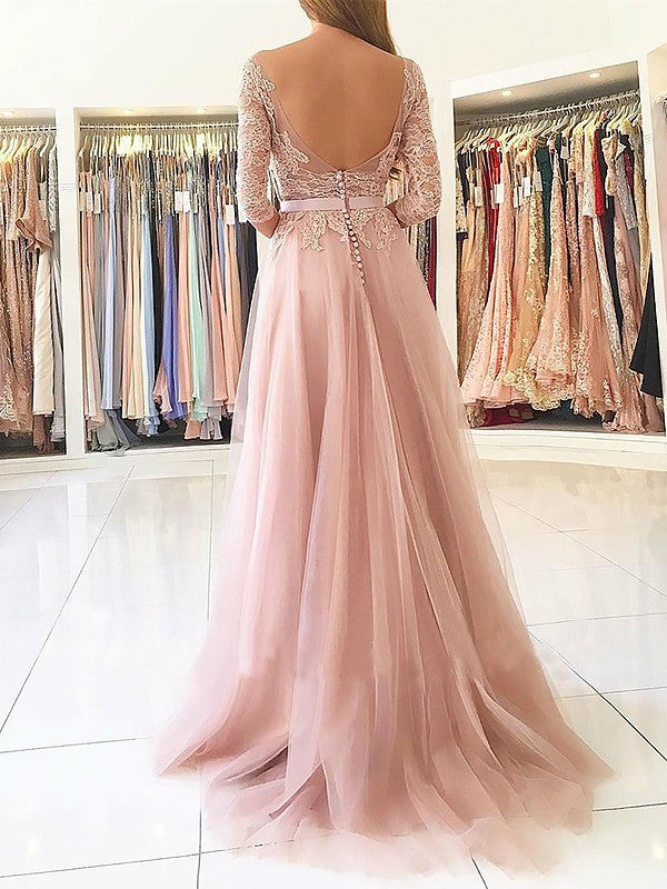 Robes de bal en tulle à manches 3/4, appliquées, ligne A/élégante, en forme de bateau