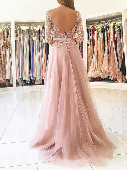 A-Line/Elegant Bateau 3/4 Sleeves Applique Tulle Prom Dresses