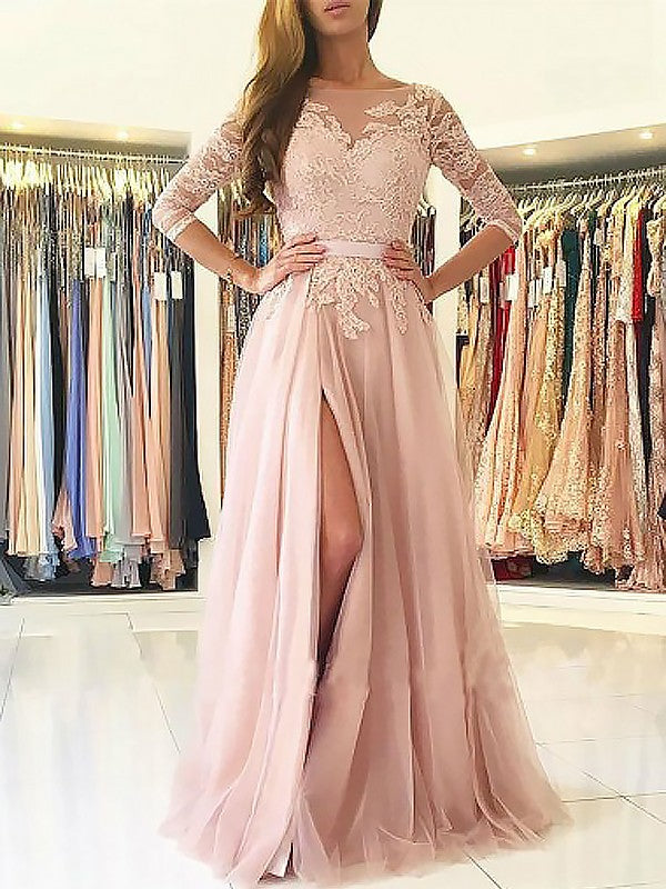 Robes de bal en tulle à manches 3/4, appliquées, ligne A/élégante, en forme de bateau