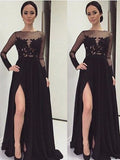 Abito da sera lungo in chiffon con maniche lunghe, scollo a barca, linea a trapezio ed elegante pizzo