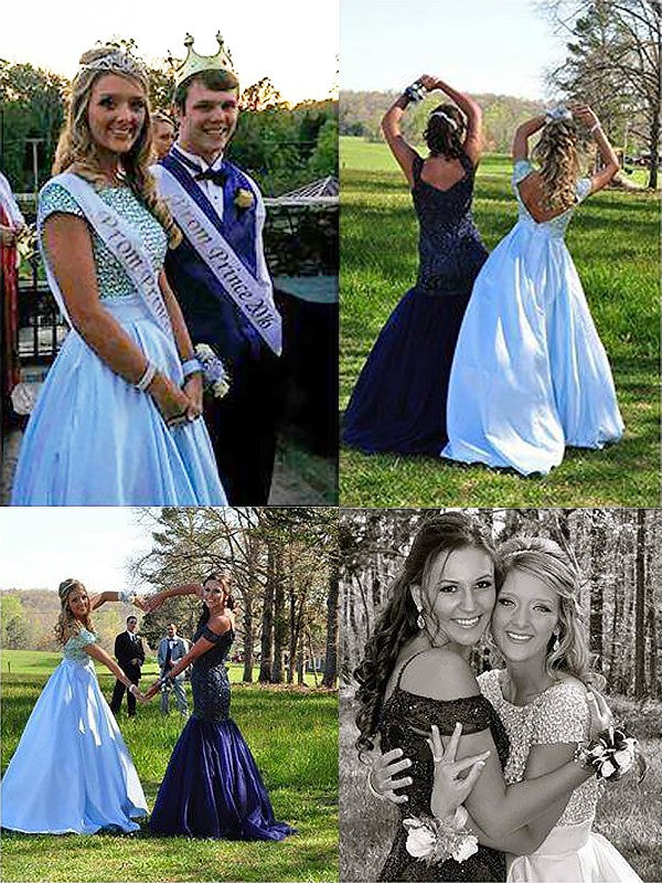 Abito da sera in raso con perline, scollo a barca, maniche corte, linea a trapezio/elegante