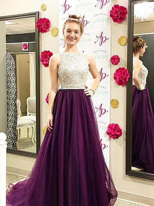 Abito da sera senza maniche in tulle con perline, linea a e scollo a barca elegante