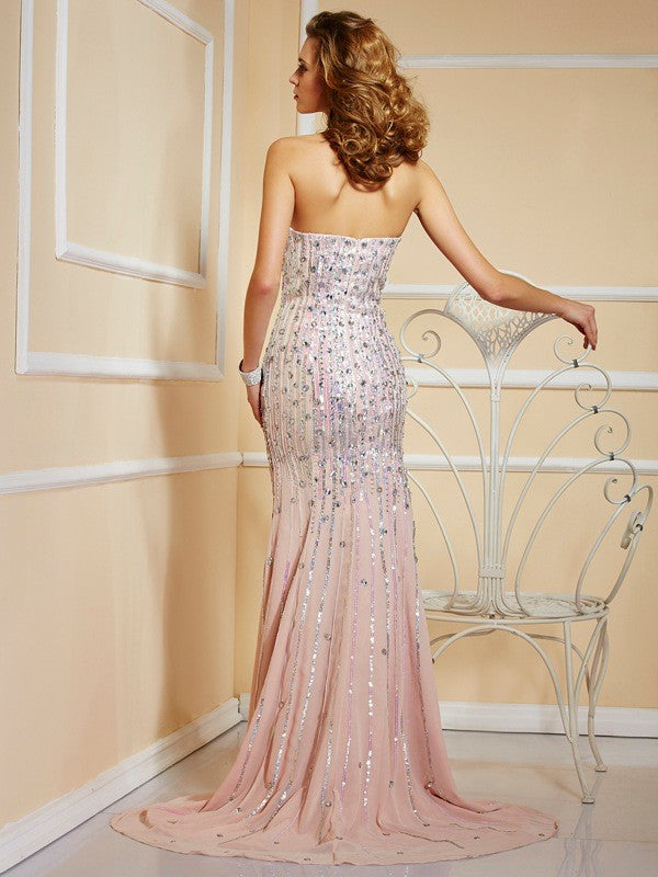 Abito da sera lungo in chiffon senza spalline e senza maniche con perline eleganti a linea ad A