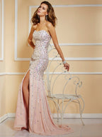 Abito da sera lungo in chiffon senza spalline e senza maniche con perline eleganti a linea ad A
