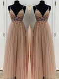 Abito da sera lungo fino a terra in tulle con perline a forma di A, spalline sottili e senza maniche, elegante