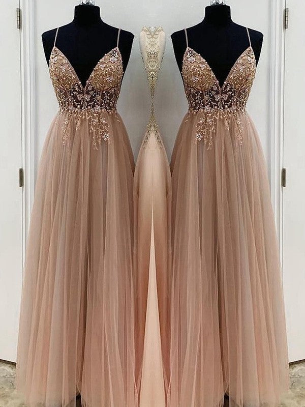 Abito da sera lungo fino a terra in tulle con perline a forma di A, spalline sottili e senza maniche, elegante