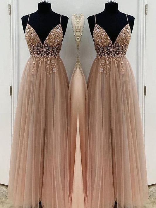 A-Line/Elegant Beading Tulle Spaghetti Straps Sleeveless Floor-Length Prom Dresses