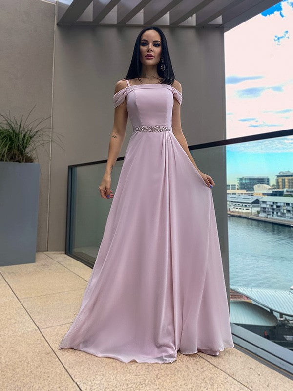 Robes de bal longues jusqu'au sol sans manches à bretelles perlées en mousseline élégante coupe en A