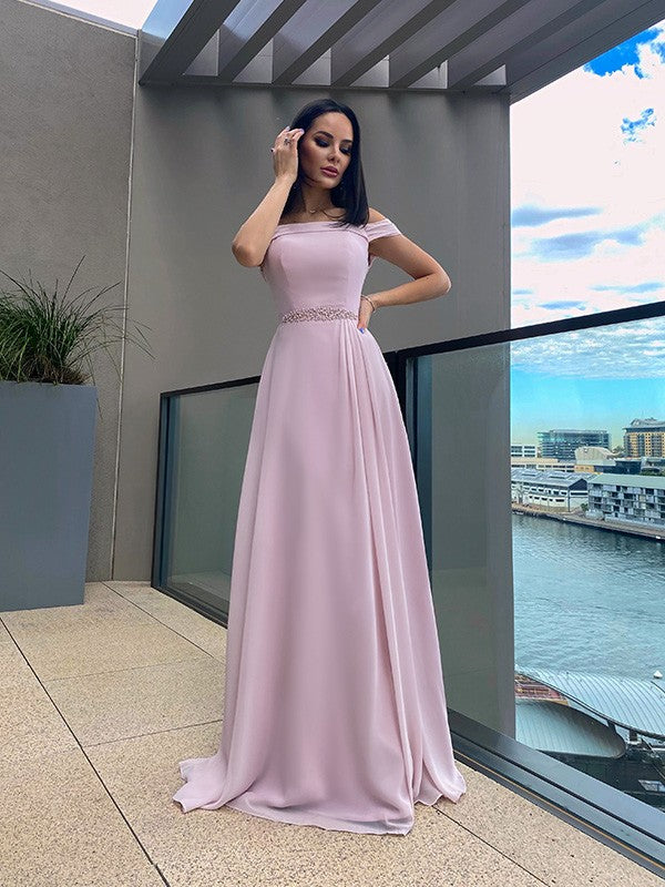 Robes de bal longues jusqu'au sol sans manches à bretelles perlées en mousseline élégante coupe en A