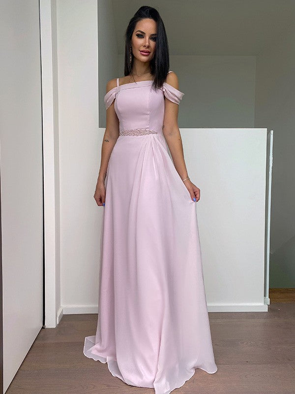 Robes de bal longues jusqu'au sol sans manches à bretelles perlées en mousseline élégante coupe en A
