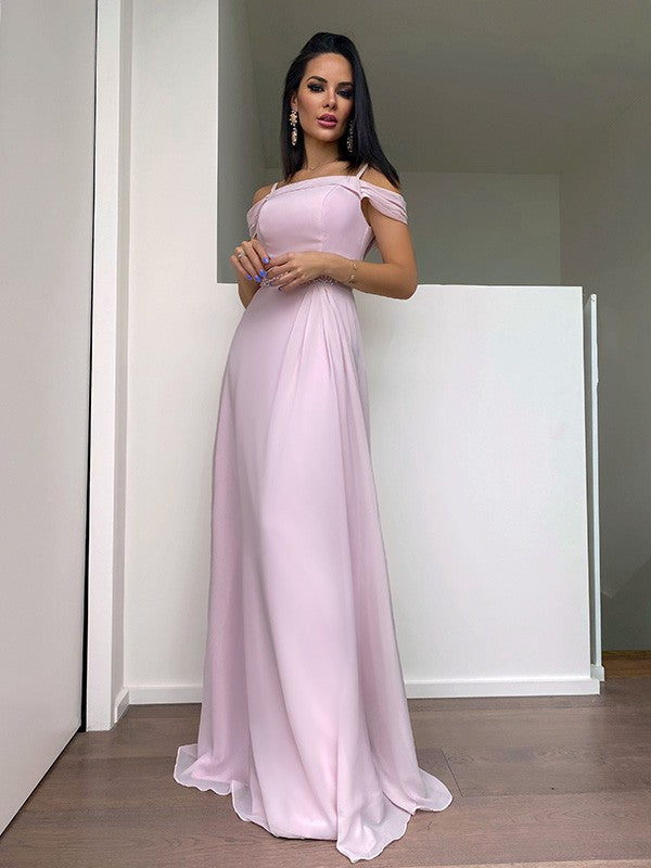 Robes de bal longues jusqu'au sol sans manches à bretelles perlées en mousseline élégante coupe en A