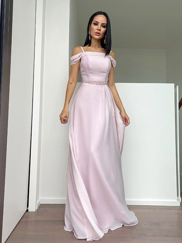 Robes de bal longues jusqu'au sol sans manches à bretelles perlées en mousseline élégante coupe en A